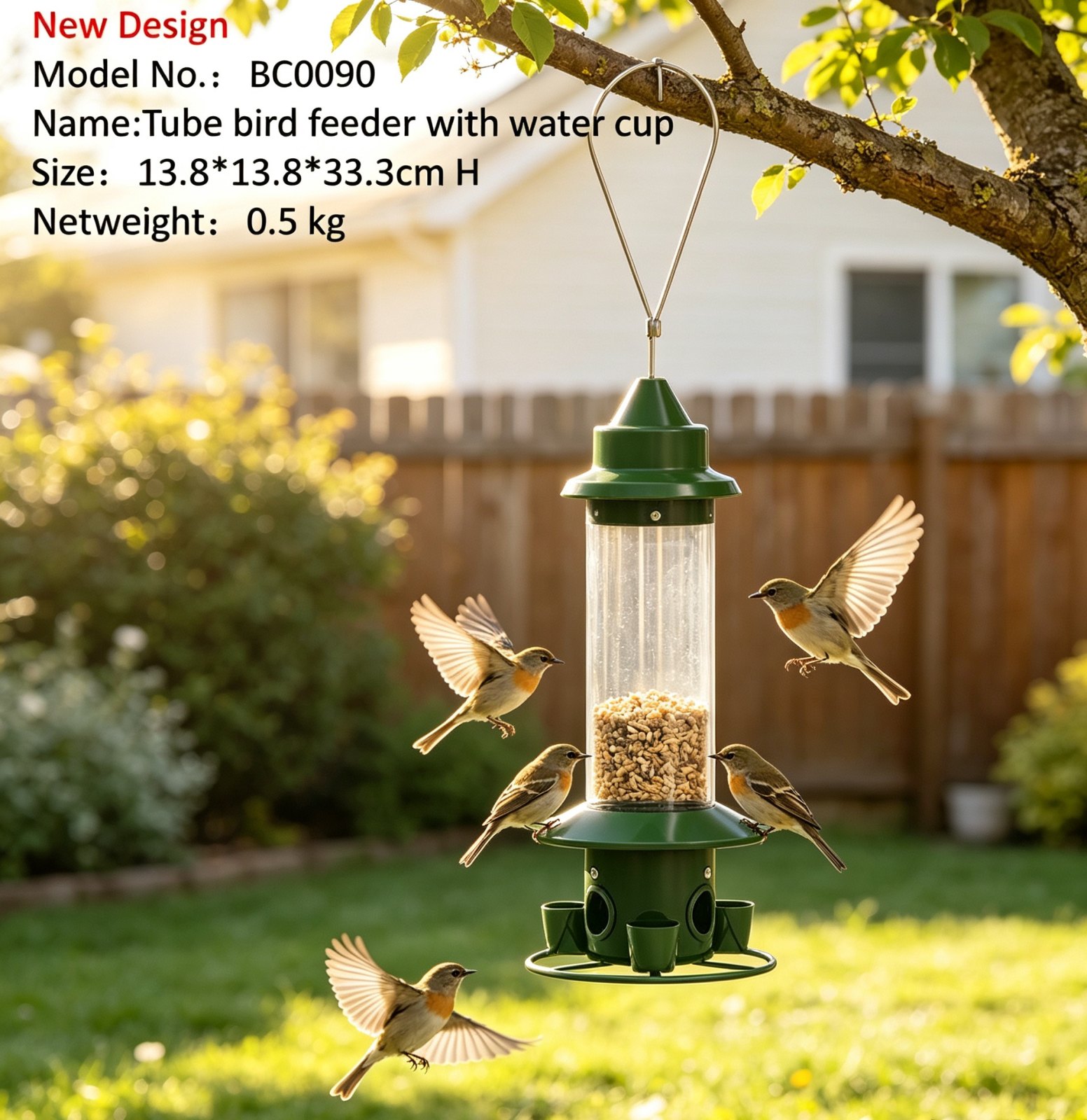 Multi‑Function 2‑in‑1 Tube Bird Feeder, Hanging Metal Wild Bird Feeder with Seed Feeding & Water Cup for Outdoor Garden Backyard