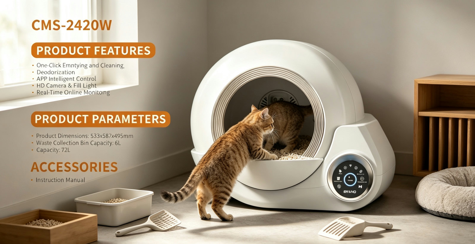 Automatic Cat Litter Box with App Control & Wooden Storage Cabinet Optional
