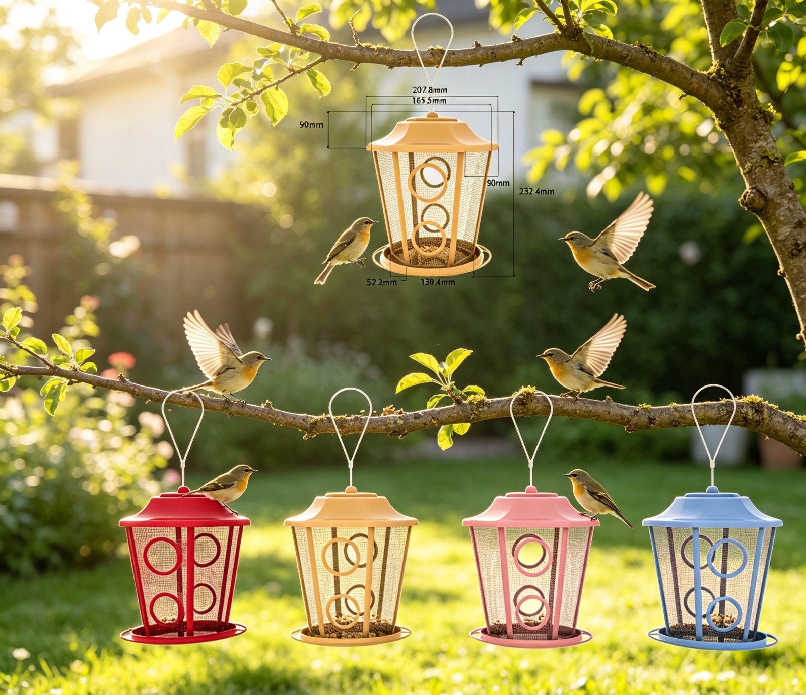 Fly‑Thru Hanging Bird Feeder, Open‑Access Lantern‑Style Metal Wild Bird Feeder for Outdoor Garden Backyard