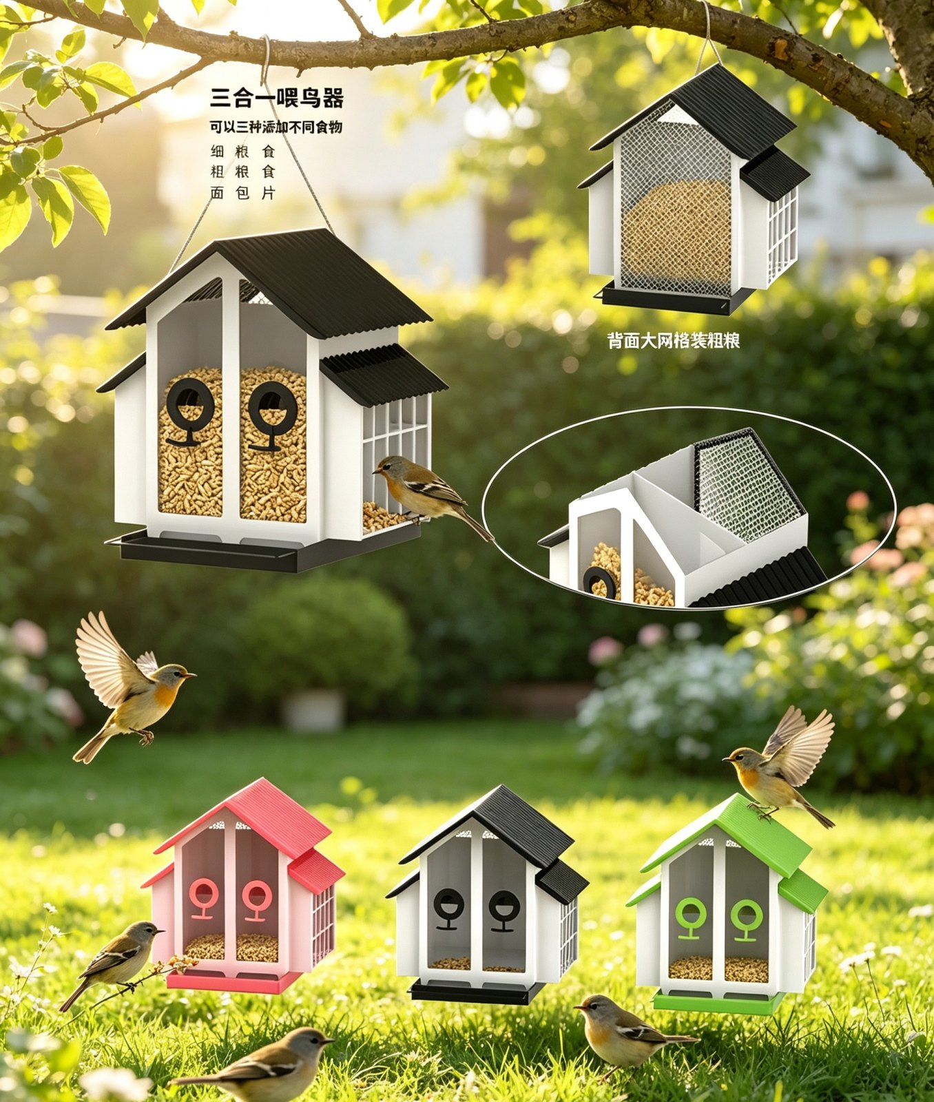 3‑in‑1 Multi‑Compartment Hanging Bird Feeder, Metal House‑Style Wild Bird Feeder Stores Three Types Of Food For Outdoor Garden