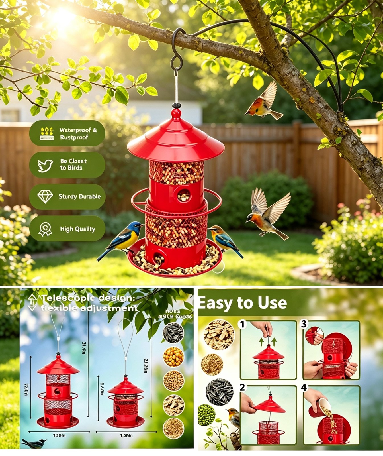 Collapsible Telescopic Hanging Bird Feeder, Adjustable Height Metal Mesh Wild Bird Feeder for Garden Backyard