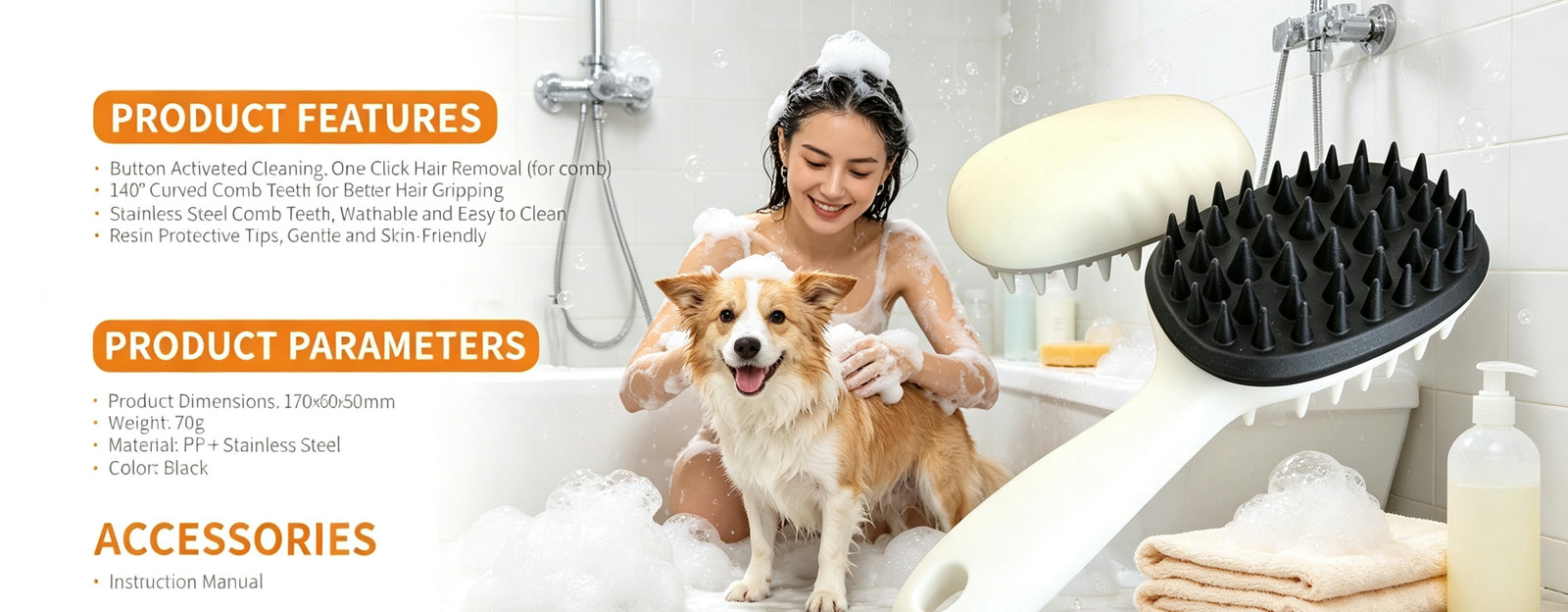 Pet Grooming Tools, Hair Removal & Knotting Comb & Silicone Bath Brush